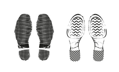 Black and white vector illustration of two different shoe prints with textured details. One pair has horizontal stripes, other wavy grid patterns. Isolated on a white background. Footprints, tracks