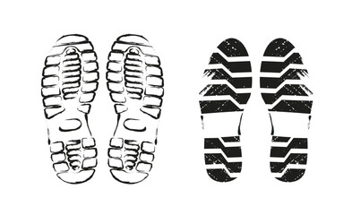 Two different shoe sole prints in black on a white background. One features a rugged design, while the other has a geometric pattern. Concept of footsteps and tracking. Vector illustration