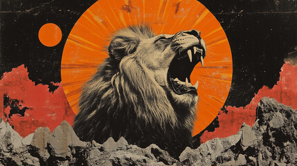 roaring lion vintage collage 1970s illustration with grunge texture, ideal for posters and album covers