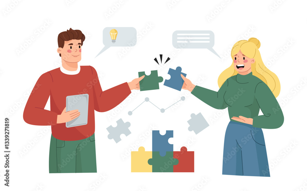 Poster two colleagues collaborating by connecting puzzle pieces, symbolizing teamwork and problem-solving. 