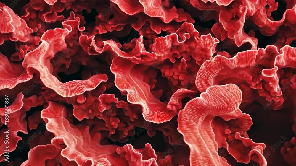 Poster a close-up view of intricate, wavy red structures resembling coral or cellular formations, showcasin