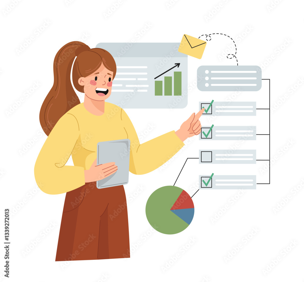 Poster a smiling businesswoman holding a tablet and pointing at a checklist with charts and graphs in the b