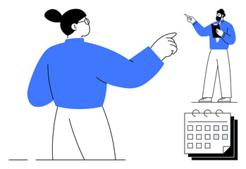 Two people engaging in a discussion, pointing and holding a clipboard, with a calendar indicating team planning. Ideal for teamwork, scheduling, leadership, goal setting, collaboration, strategic