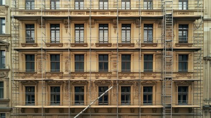 Obraz premium Ornate building facade, scaffolding, window restoration.