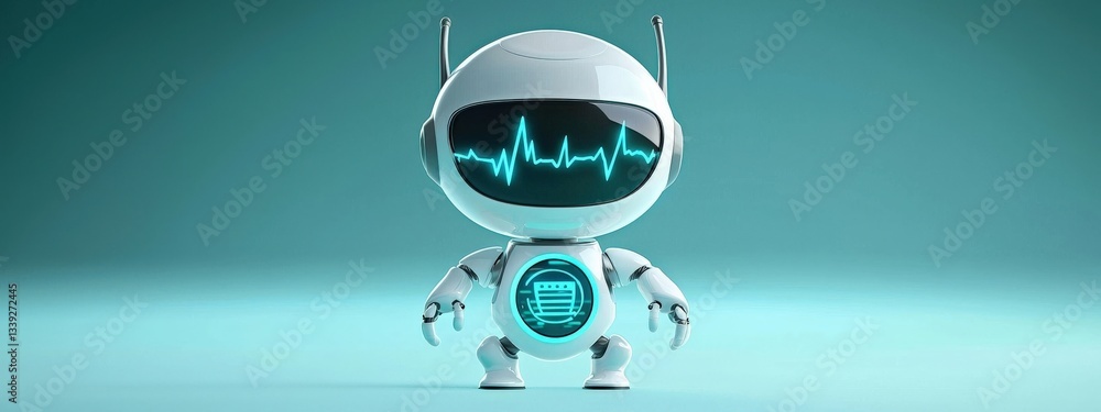Poster cute futuristic robot with heartbeat displaying on a light background