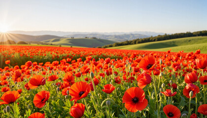 Vibrant red poppy field under clear midday sky, natural beauty