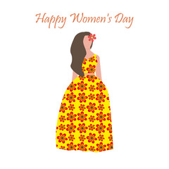 Vector illustration of a girl with a flower on a white background.A girl in a beautiful dress. Happy Women's Day.