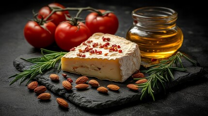 Gourmet cheese with cherry tomatoes and honey on slate platter