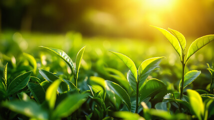 Obraz premium lush green tea plantation under the warm sunlight, perfect for agriculture and wellness branding