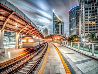 Fototapeta premium Miami Metro Rail Station Night Panoramic - Stunning Cityscape Views