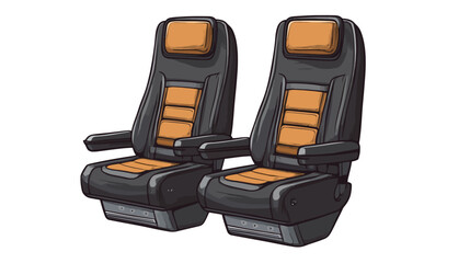 Naklejka premium Illustration of two passenger seats. The seats are predominantly black with orange accents on the headrests and cushions. They have armrests and padded headrests. The style is cartoonish or