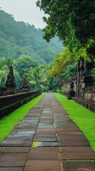Stone path, lush greenery, ancient ruins, verdant hillside.