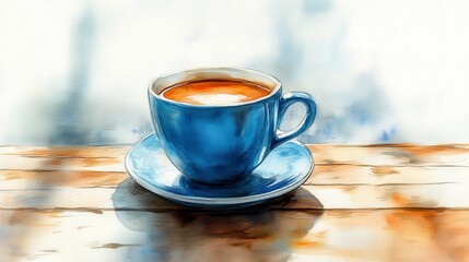 Obraz premium Ceramic Coffee Cup on Wooden Table with Soft Morning Light and Watercolor Effect