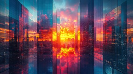 Fototapeta premium An abstract urban landscape with mirrored skyscrapers reflecting a vivid sunset