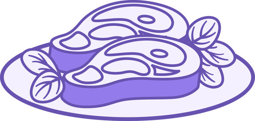 Colored Beef Icon. Vector Illustration. Two Pieces of Meat on a Plate with Lettuce Leaves. Ready Meal, Food. Grocery Concept