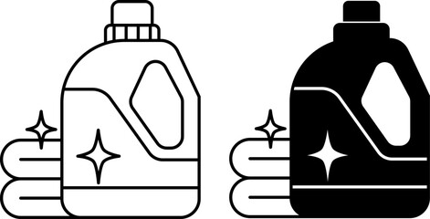 Detergent Icons. Black and White Vector Illustrations. Washing Powder and Towels. Plastic Container for Household Chemicals. Grocery Concept