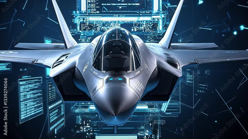 Poster futuristic fighter jet in high-tech environment with digital interface and data visualization in blu