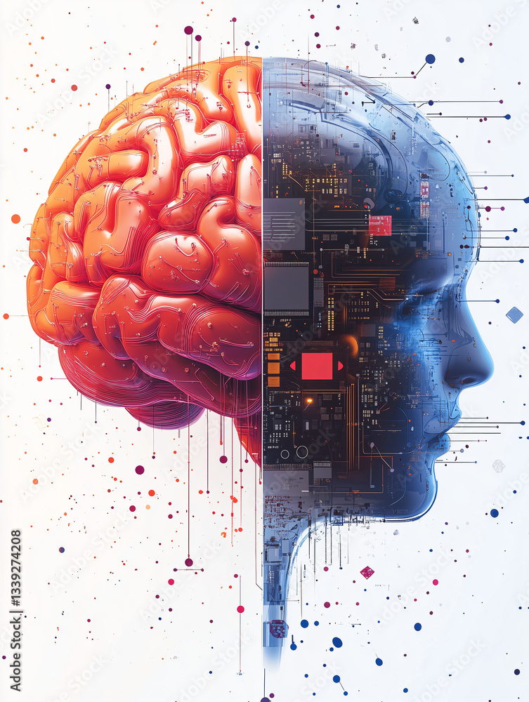 Aufkleber mind's metamorphosis: a side-profile merges organic brain matter with technological circuitry, visua