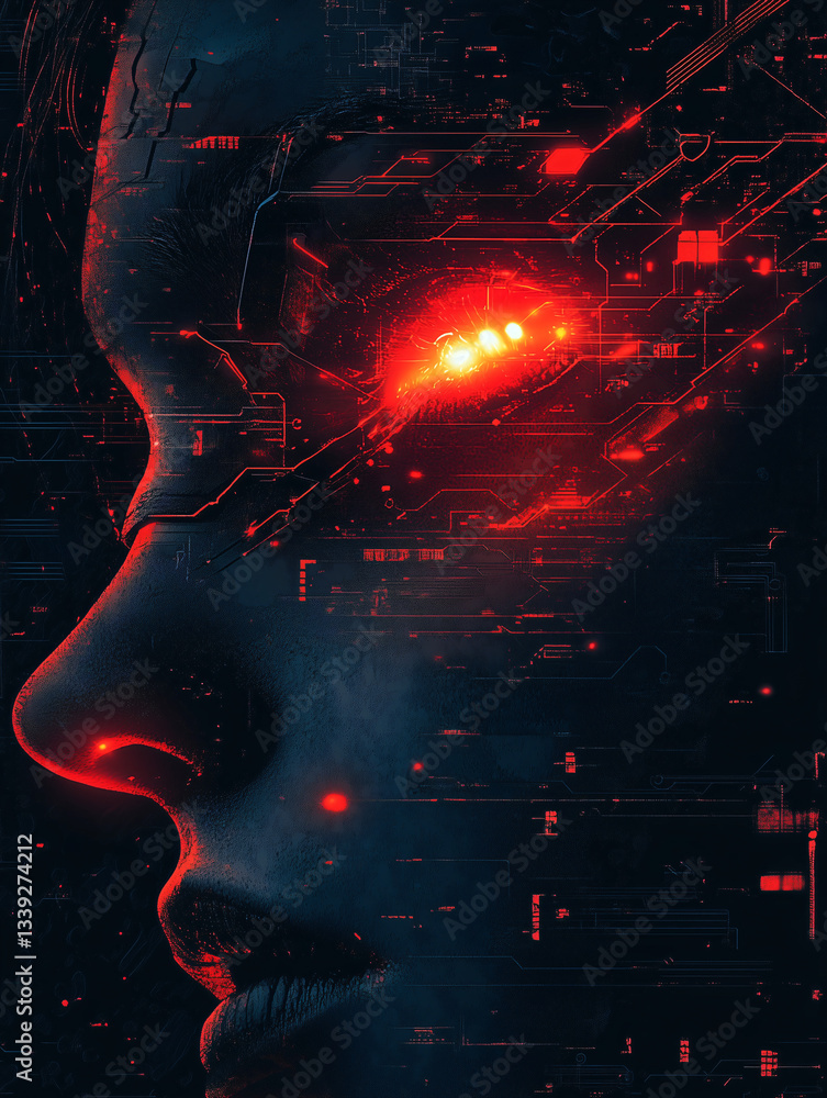 Aufkleber digital sentience: a cybernetic face glows with crimson light, suggesting advanced artificial intell