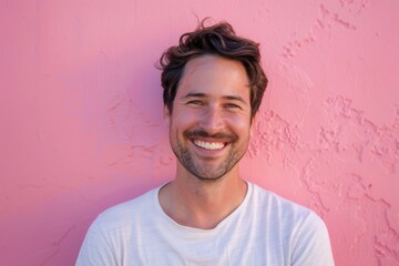 Portrait of a blissful caucasian man in his 30s smiling at the camera in front of solid pastel color wall