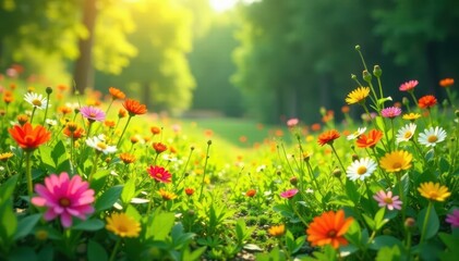 Obraz premium Vibrant wildflowers in lush meadow, sunlight dappled , image, beauty, picture