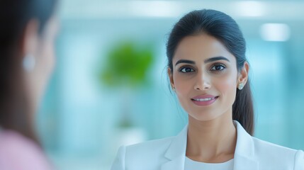 Fototapeta premium Female healthcare professional, focused expression, consultation setting, calm atmosphere, emphasizing medical support and care.