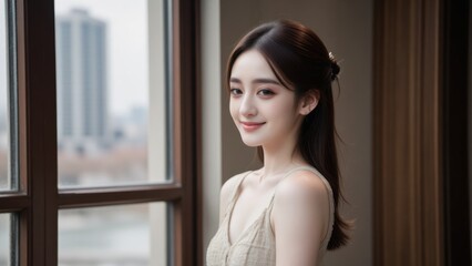 Elegant Asian Woman by Window with City View: Portrait of a Beautiful Young Lady