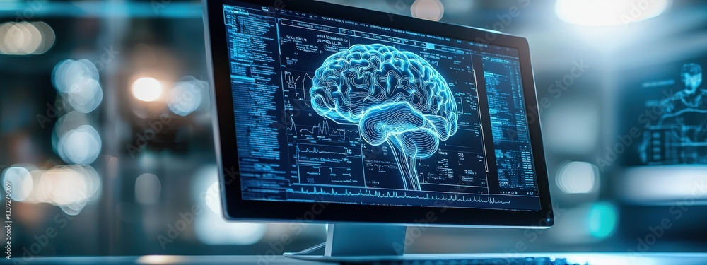 Poster computer display showing digital brain design and data analysis