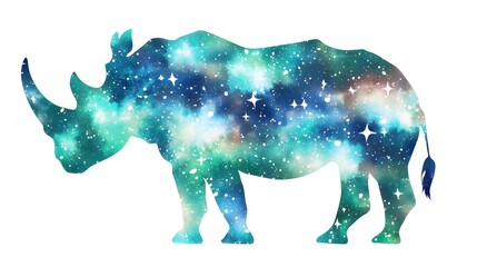 Silhouette of a Rhinoceros Filled with a Colorful Galaxy Design Against a White Background