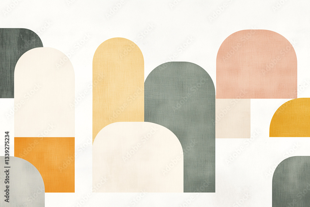 Poster geometric harmony: a vibrant display of abstract forms, arches and blocks in a seamless array of pas