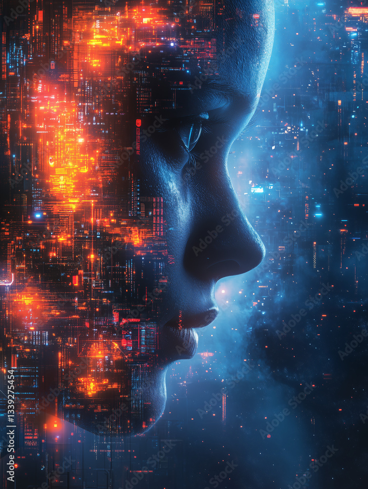 Poster digital consciousness: a digital artwork, where a human face is merging with a network of illuminate