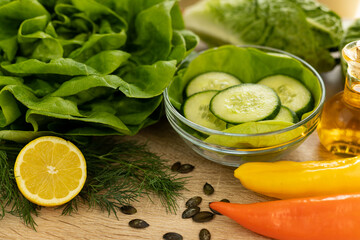 Vegetables from the garden. Ingathering. Making salad at home in the kitchen