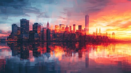 A surreal urban sunset over a city with facades reflecting the colors of a dreamlike sky 