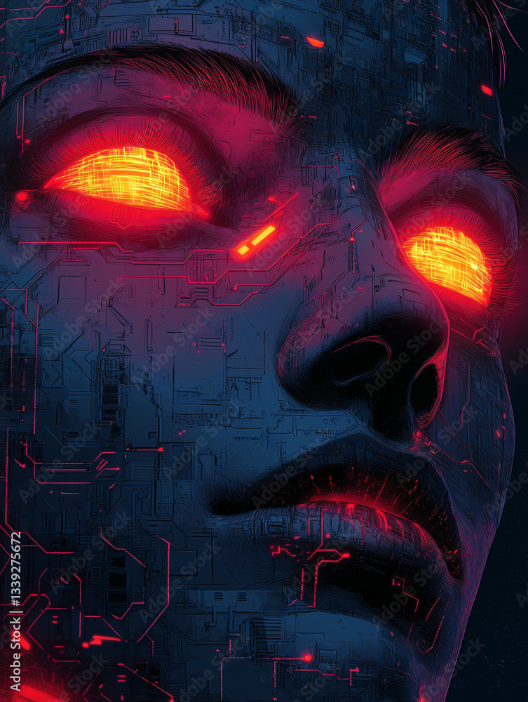 Poster cybernetic vision: a striking image of a humanoid face, crafted with intricate circuit patterns and 