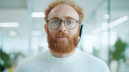 Fototapeta premium Young professional with red beard, wearing glasses in bright office environment, focused on work with greenery in the background.