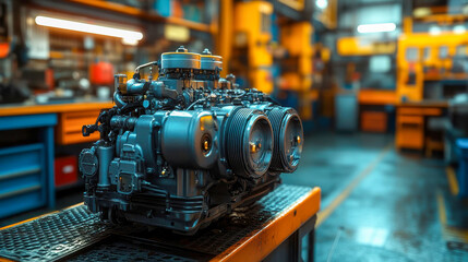 Diesel engine in a garage setting, highlighting complex mechanics and industrial engineering with a blue-toned aesthetic