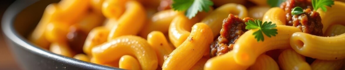 Close up of a section of a macaroni casserole showing beef and noodles , food photography, casserole, gourmet