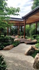 Obraz premium Serene garden path, stone, wood structures, lush greenery.