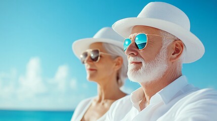 Elderly couple enjoying sunny beach, relaxed seniors in white attire and sunglasses, bright sky and ocean in background.