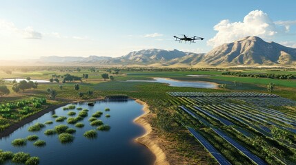 Drone surveys farmland, solar panels, and waterways.