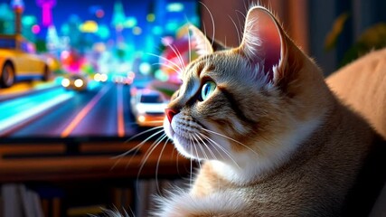 Cute Kitten Watching Vibrant Cityscape on TV