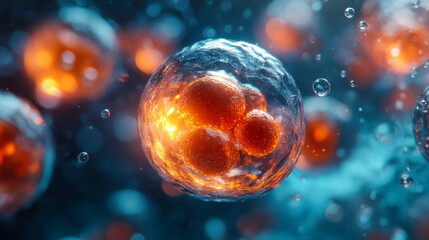 A highly detailed depiction of a glowing embryo cell in the process of division, floating in a liquid medium with vibrant orange and blue lighting
