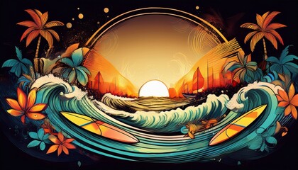 beautiful grunge border frame of summer concept with surfboards, sun and waves with copy space on blue background