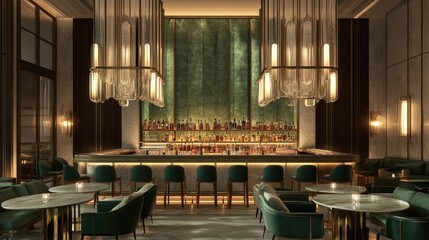 Luxurious bar interior, elegant design, modern lighting, hotel lobby