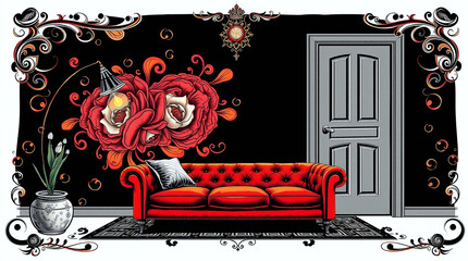 Modern Minimalist Interior with Bold Red Sofa Against Black Wall. Generative Ai