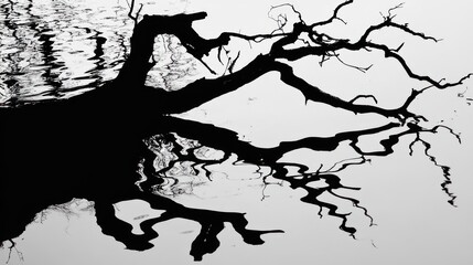 Fototapeta premium Silhouette of submerged tree, water reflection, tranquil lake, winter, design