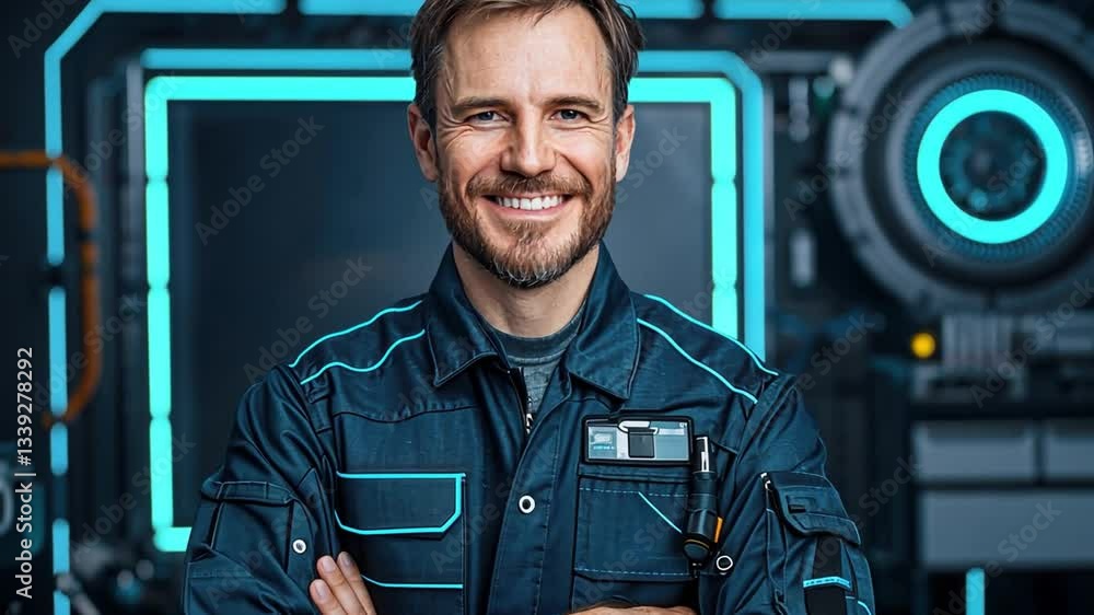 Poster smiling engineer in dark workshop with advanced technology and tools, wearing blue uniform, standing