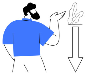 Bearded man in blue shirt pointing at large downward arrow with abstract leaves beside it. Ideal for trends, loss, analysis, guidance, failure, explanation, decision-making, flat simple metaphor