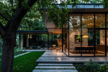 The glass entryway of a modern house is aglow with lights in the early evening
