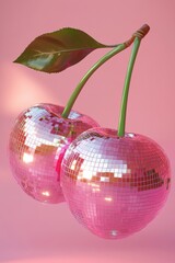 Reflective cherry-shaped disco balls with green leaves against a soft pink background create a vibrant and playful visual experience